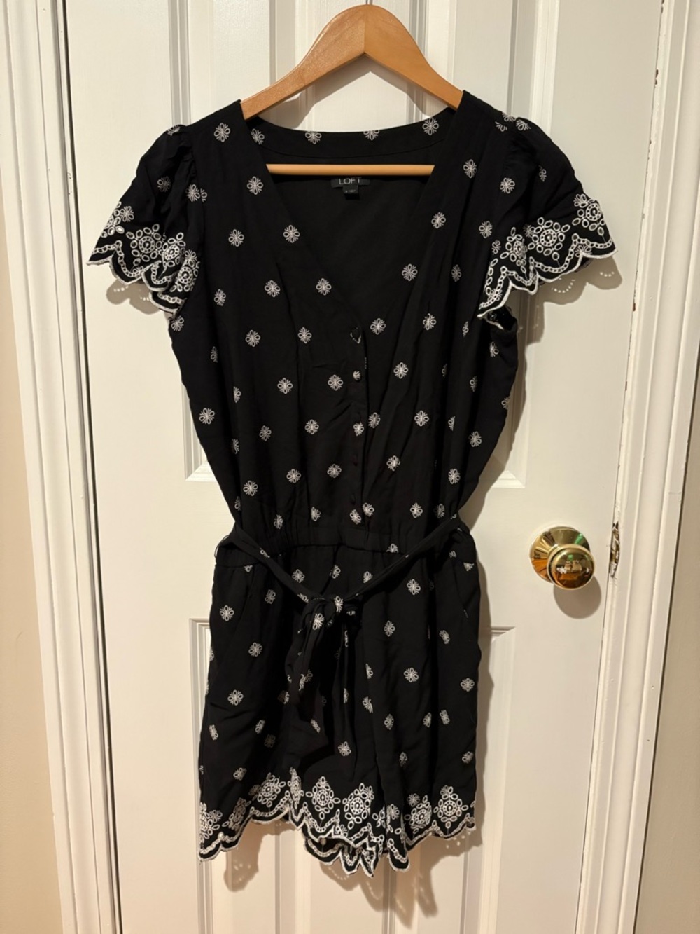 LOFT Black Mini Dress with White Embroidered Trim